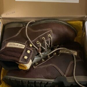 Caterpillar Brown Leather Work Boots with Yellow Accents